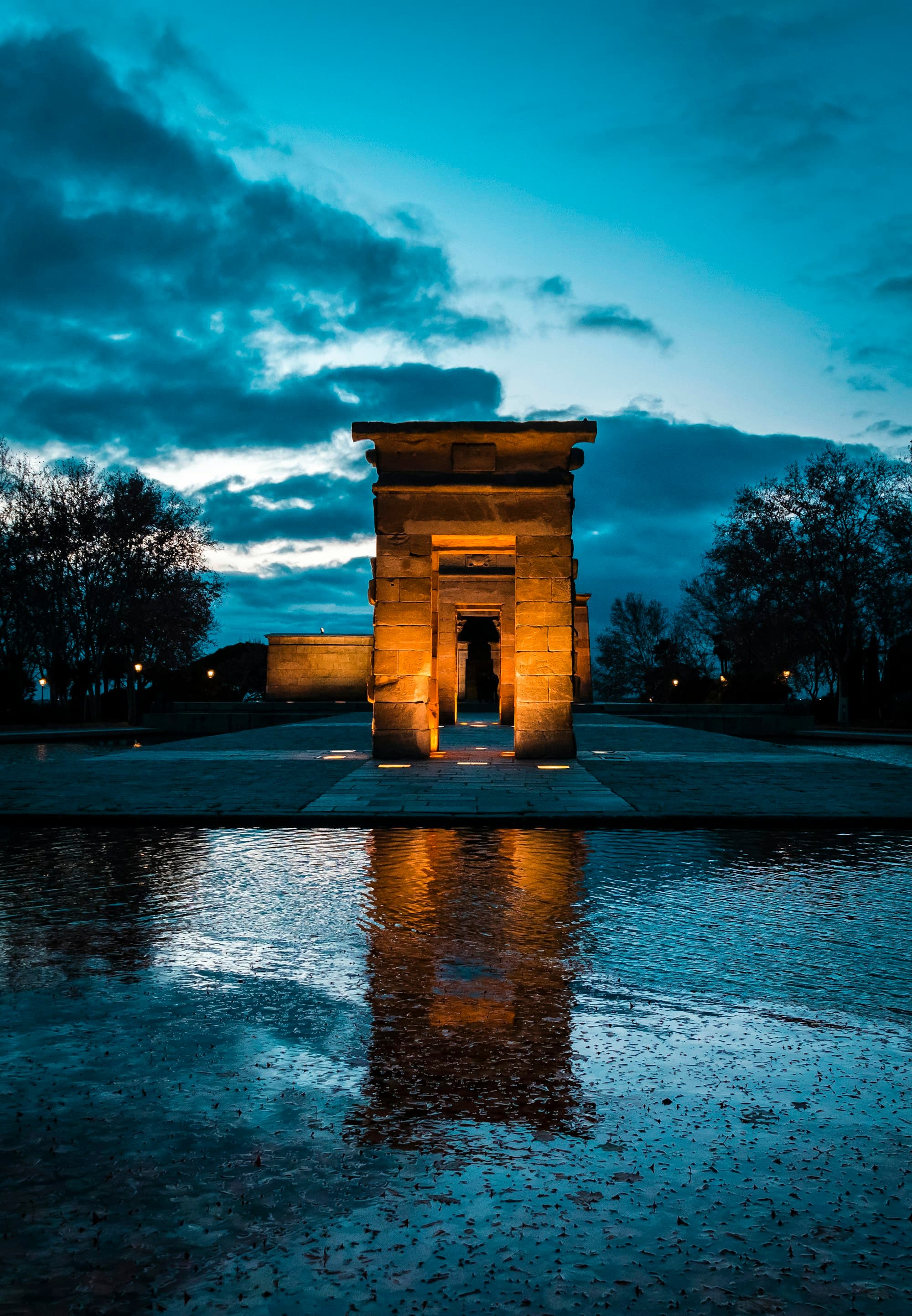 Templo de Debod illuminated at dusk, Madrid